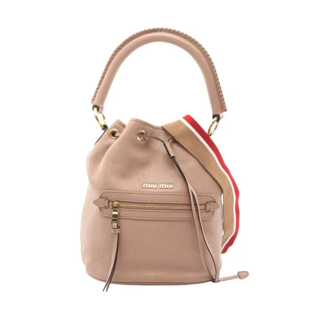 Miu Miu pink leather drawstring bucket bag braided top handle striped strap